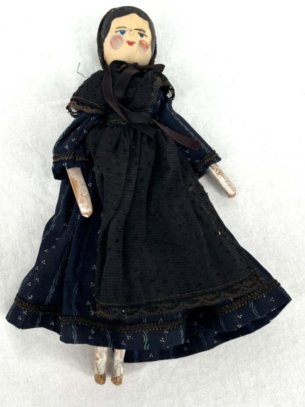 Antique Primitive Peg Jointed Wooden Hand Carved Folk Art Doll Painted Face 12"